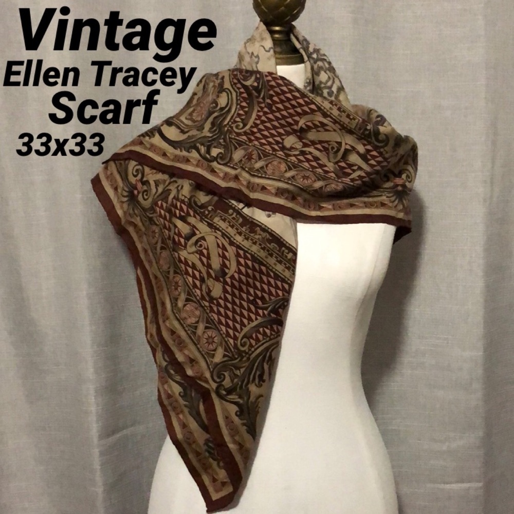 Vintage Ellen Tracey Scarf-33x33-Travel/Map Themed-Pinks/Browns/Maroon-EUC
